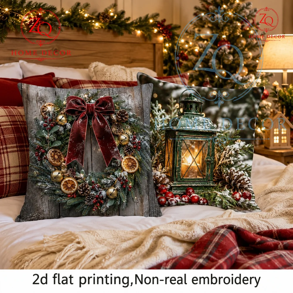 Rustic Christmas Wreath Throw Pillow Cover  inch Farmhouse Holiday Cushion Case with Burgundy Bow  Pine Decor  Winter  Couch Bed