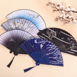 Chinese Vintage Cloth Fans Handheld Wooden Handle Art Flower Patterns Folding Flower Fan Classical Dance Party Performance Tool