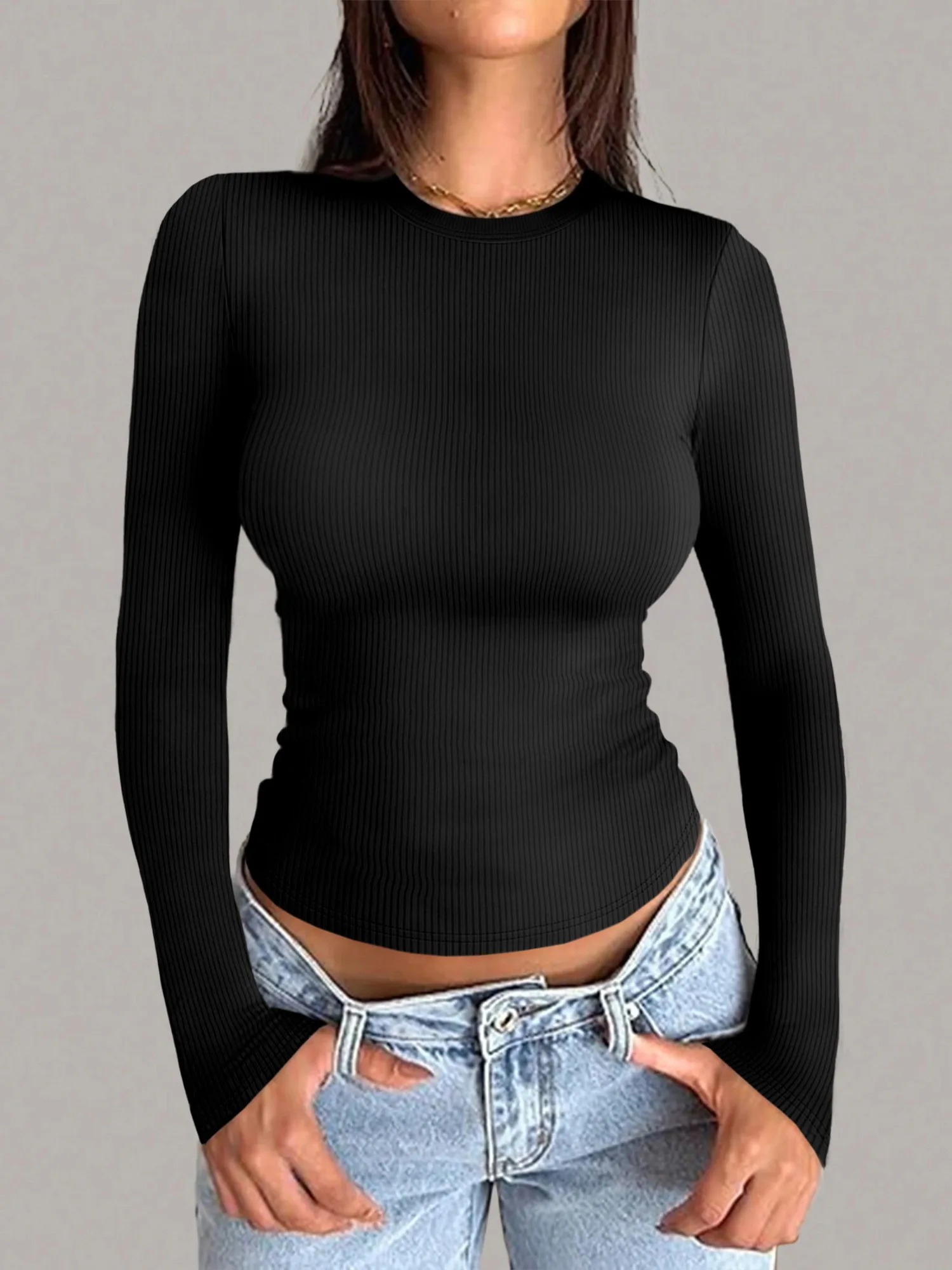 Women Daily Layering Long Sleeve Tee Vertical Rib Crew Neck Bodycon Slim Blouse High Stretch Y2K Street Minimalist Fall Tops