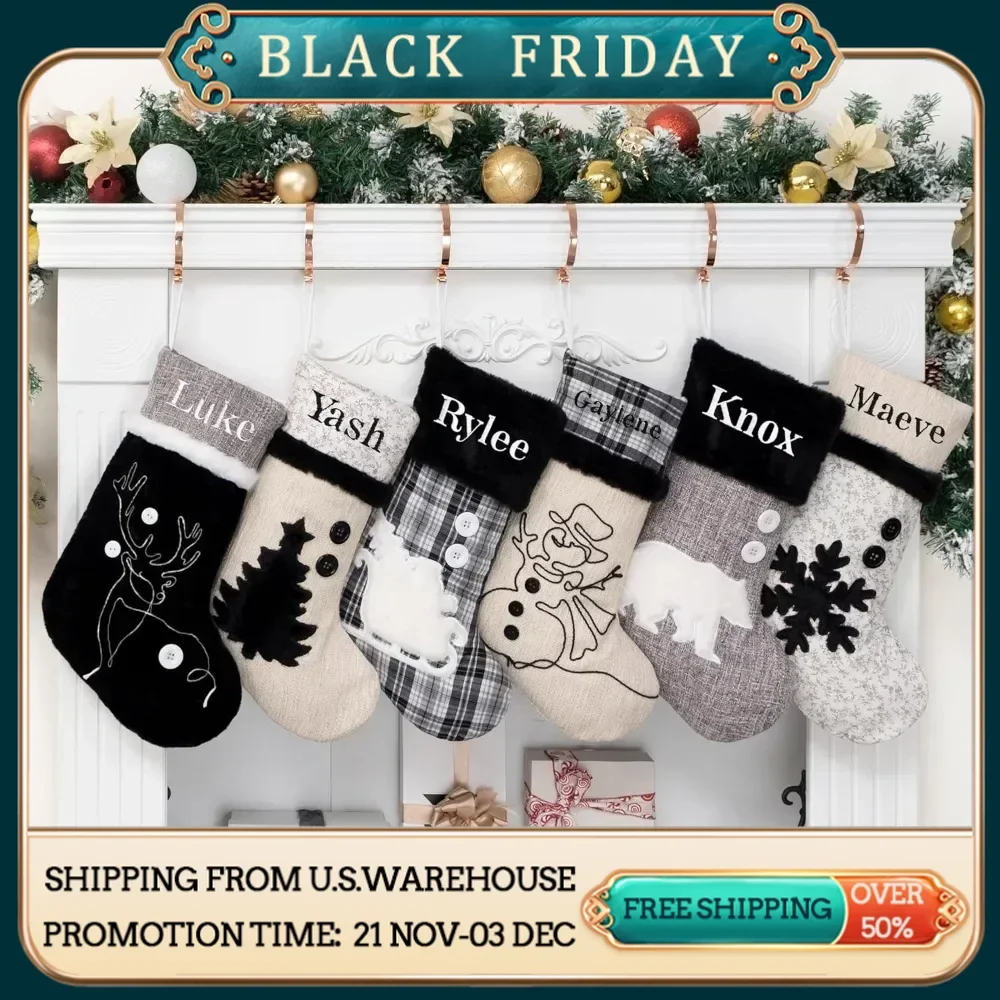 Personalized Black and White Christmas Stockings Set 6 Custom Name Xmas Stockings 2024 New Decoration with Pattern 20