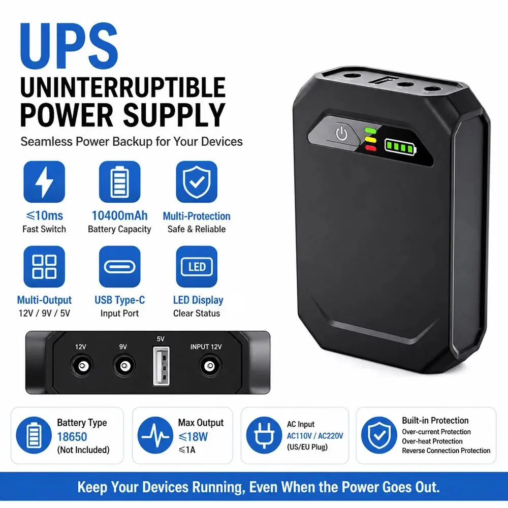 Mini DC UPS Uninterruptible Power Supply Auto Switch Buzzer Alarm 12V/9V/5V Output for Router Camera CCTV Emergency Backup Power