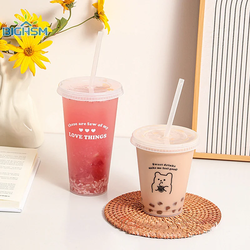 Kawaii Water Bottle For Coffee Juice Milk Tea Cute Plastic Cold Cups With Straw Lid Portable Reusable Drinking Bottle BPA Free