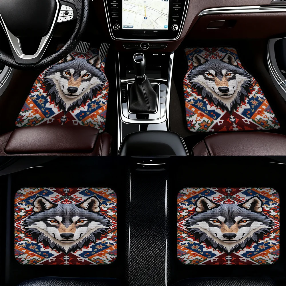 4pcs Car Mats With Wolf Mandala Design - Heavy-Duty All-Weather Driver/Passenger/Rear/Trunk Liners, Non-Slip Pet-Friendly Auto F
