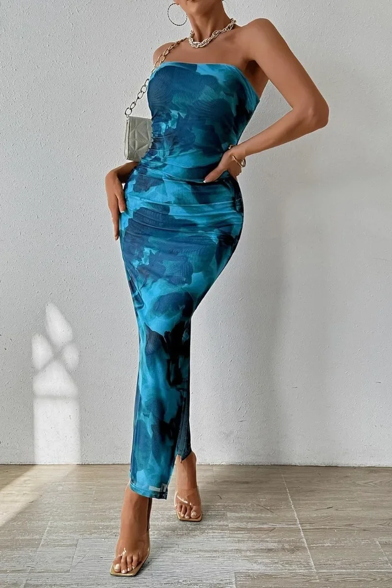 

Summer Women Sexy Chestless Hem Slit Sleeveless Printed Dress Y2k French Elegant Evening Dresses New Long Bohemian Dress Платье