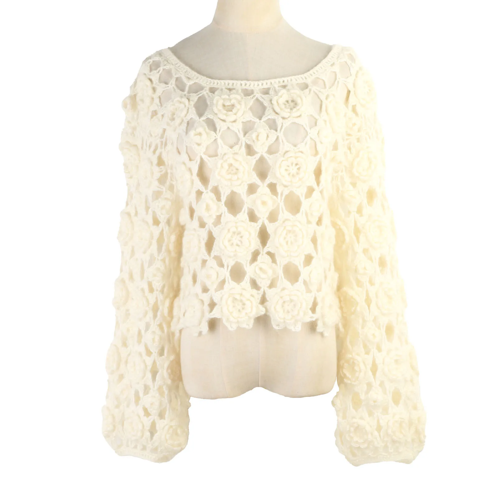 2025 Autumn And Winter New One-shoulder Sexy Long-sleeve Women Sweater Handmade Flower Splicing Loose Bohemian Hollow Sweater