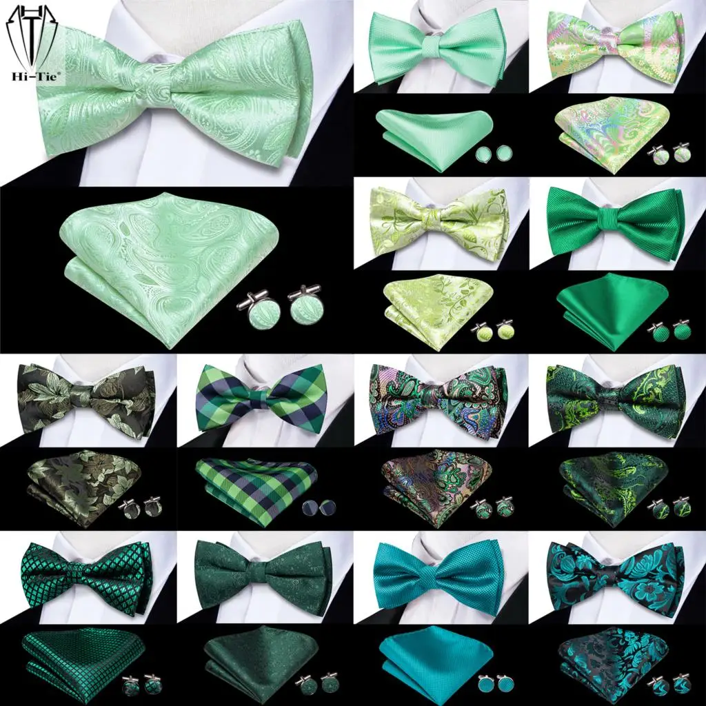 Hi-Tie Sage Mint Grass Teal Green Silk Mens Bow Tie Hanky Cufflinks Set Pre-tied Butterfly Knot Bowtie for Male Wedding Business