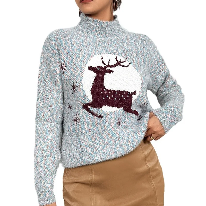 Women Half Turtleneck Sweater Christmas Deer Snowflake Pattern Loose Knit Pullover
