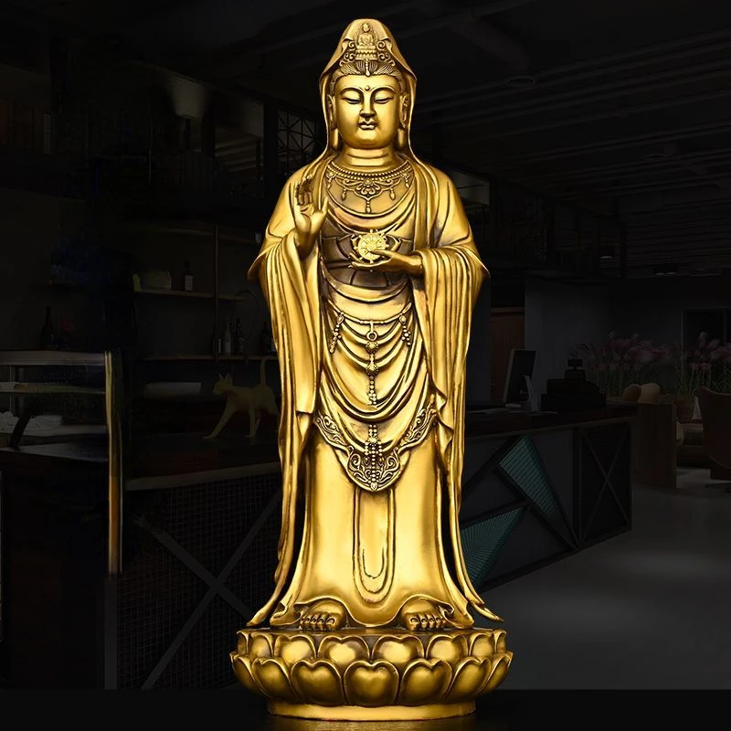 

Декоративная медная станция Nanhai Guanyin, станция Гуаньинь Бодхисаттва, труба лотоса Гуаньинь, удерживающая стартер Гуаньинь