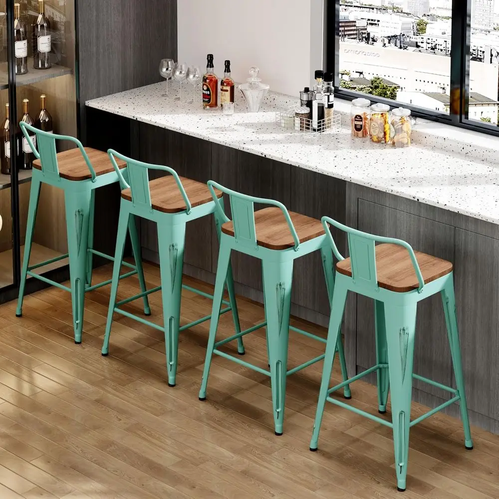30" Metal Bar Stools Set o 4 Counter Height Barstools Industrial Counter Stool Kitchen Bar Chairs ern Wood Seat-Distred Blue - view 4