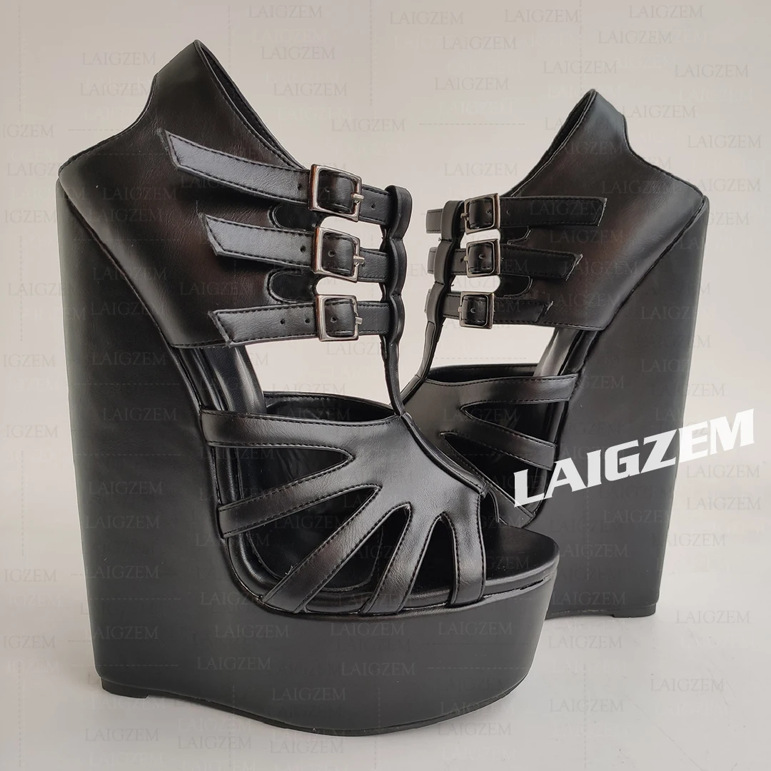 LAIGZEM Women Wedges Sandals 5CM Platform 20CM Steep High Heels Peep Toe Pumps Fetish Cosplay Shoes Woman Big Size 39 42 45 47