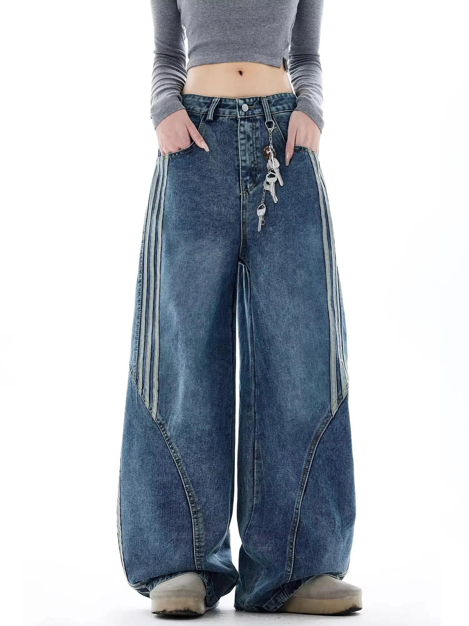 Dżinsy damskie w paski w stylu amerykańskim vintage, szerokie spodnie typu scimitar z trójwymiarowym krojem, luźne spodnie codzienne.