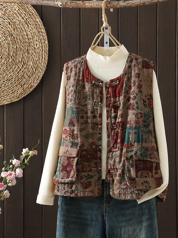 

New 2025 Chinese Sle Vest Retro Cotton Linen Print Svel Jaet plus Size Loose Slimming Top Women's Faion Commute