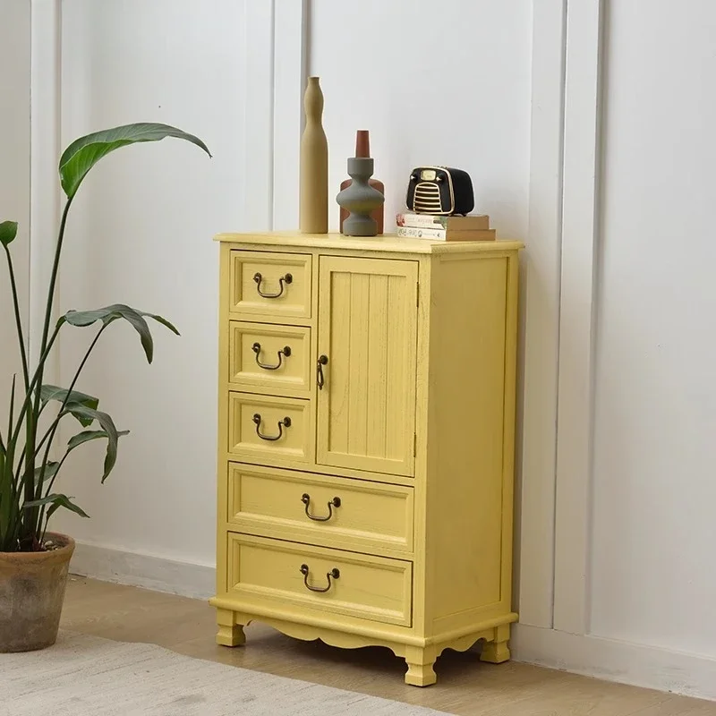 Poplar Wood 5-Drawer Cabinet Moisture-Resistant Retro Storage Unit with Smooth Gliding Drawers for Living Room/Bedroom