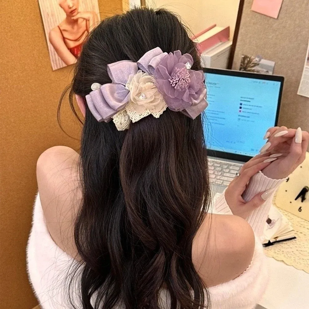 

Elegant Flower Banana Clip Korean Style Bow Purple Mesh Vertical Clip Rhinestone Multi-layered Women Ponytail Holder Hair Clip
