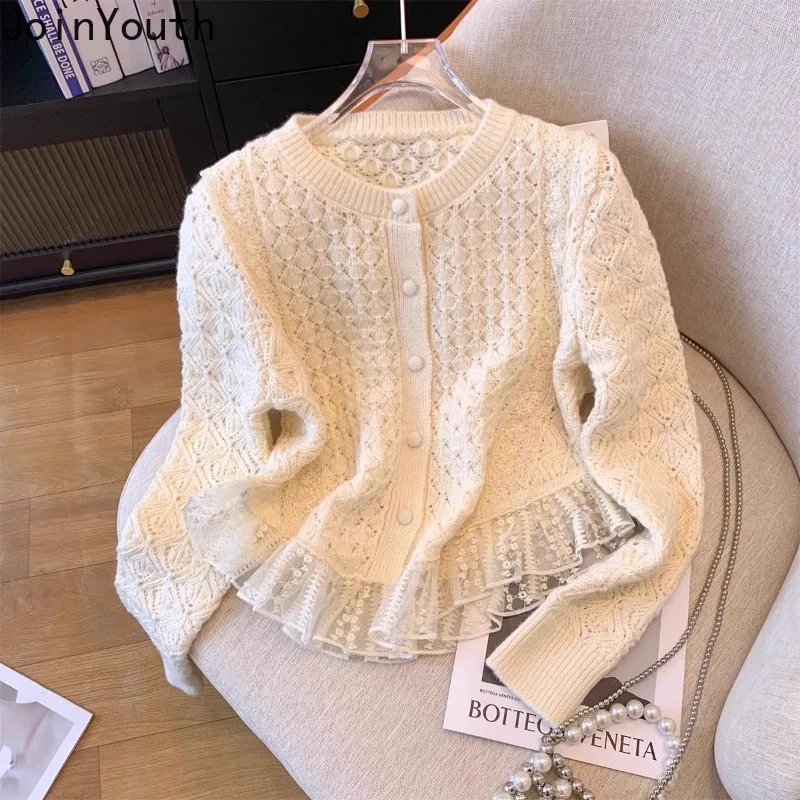 Korean Cardigan Jackets Women Clothing Sueter Mujer Patchwork Lace Sweet Knitted Sweater Tops Fashion Solid Color Pull Femme