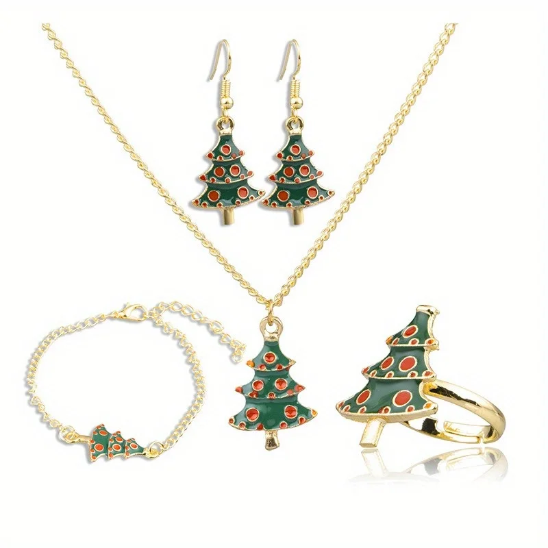 Christmas Jewelry Set 4PCS Drop Necklace Earrings Ring Holiday Party Gift