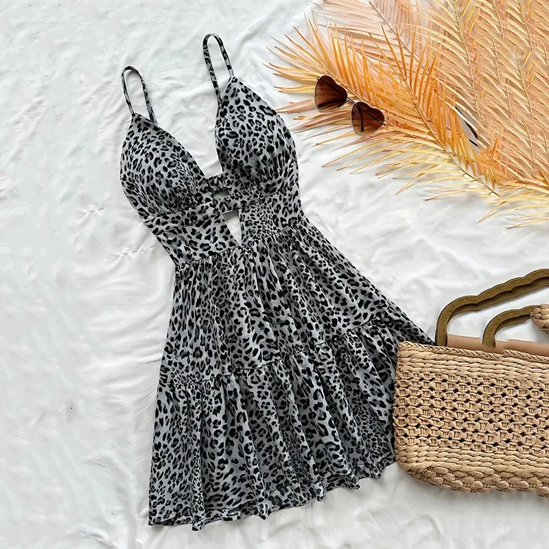 Abito camis con stampa leopardata retrò Abito estivo da donna sexy scava fuori senza maniche Mini abito Harajuku Bohemian Beach Vacation Vestidos