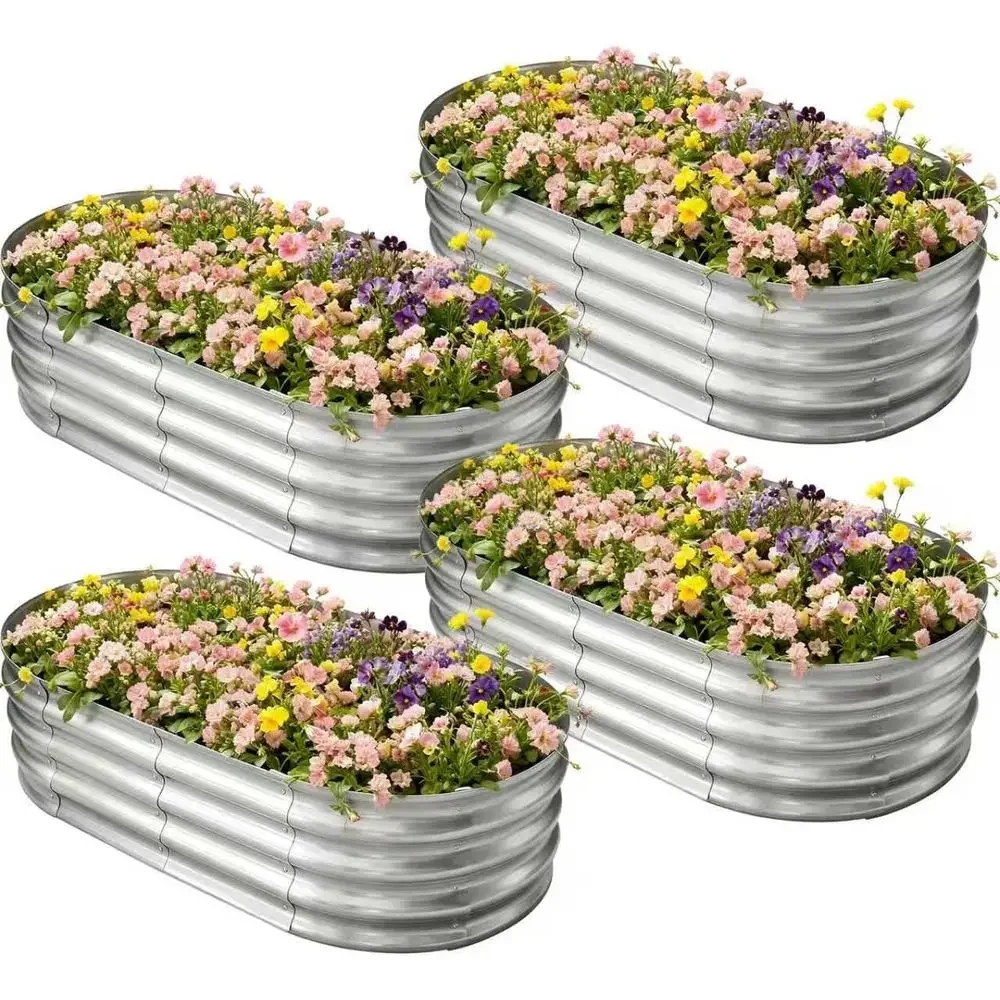 Durable 4x2x1ft Galvanized Metal Raised Garden Bed Kit - 4-Pack Oval Planter Boxes for Vegetables and Plants