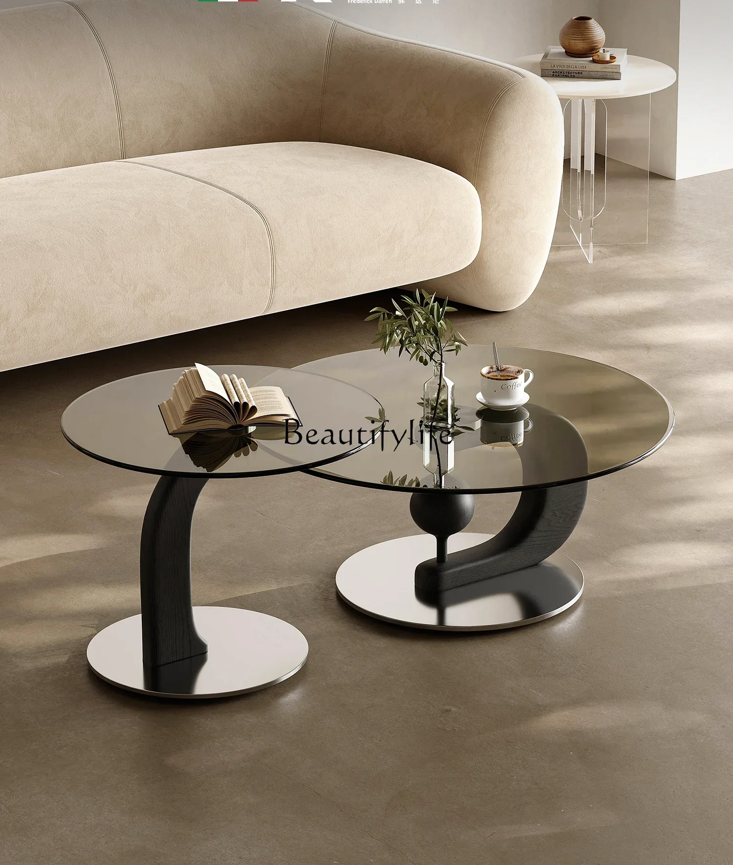 Designer Italian Solid Wood Tea Table Combination Size round Stainless Steel Metal High-End Art