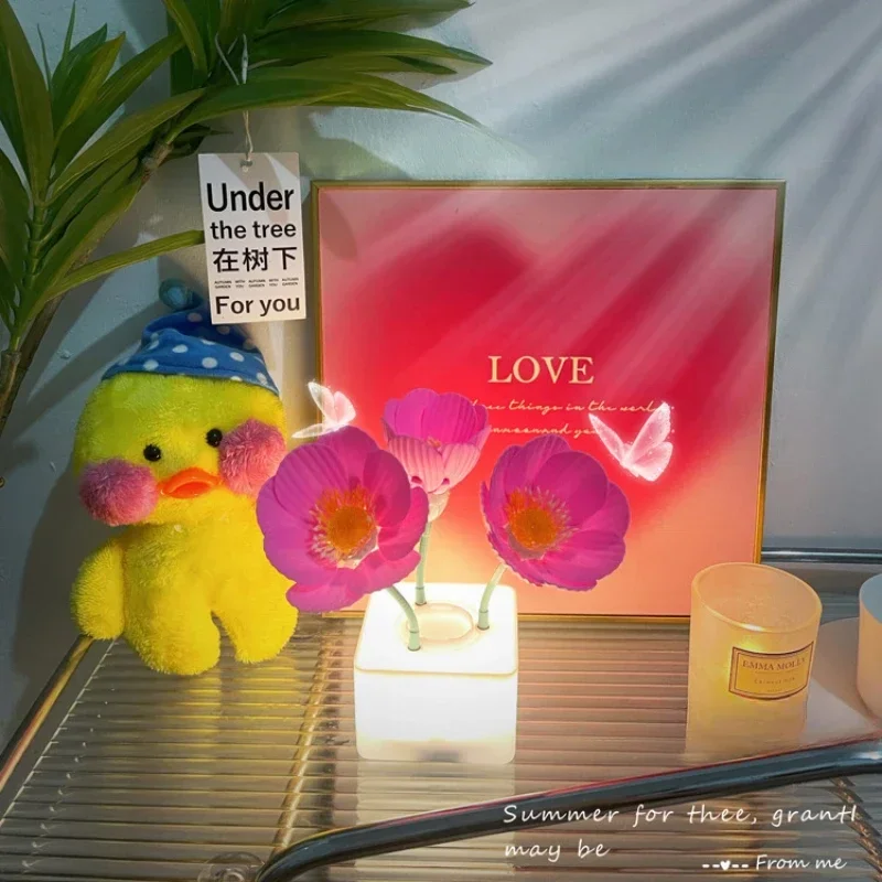 Nice criativo luzes da noite automática floração decoração simulação flor atmosfera candeeiro de mesa para o quarto das meninas