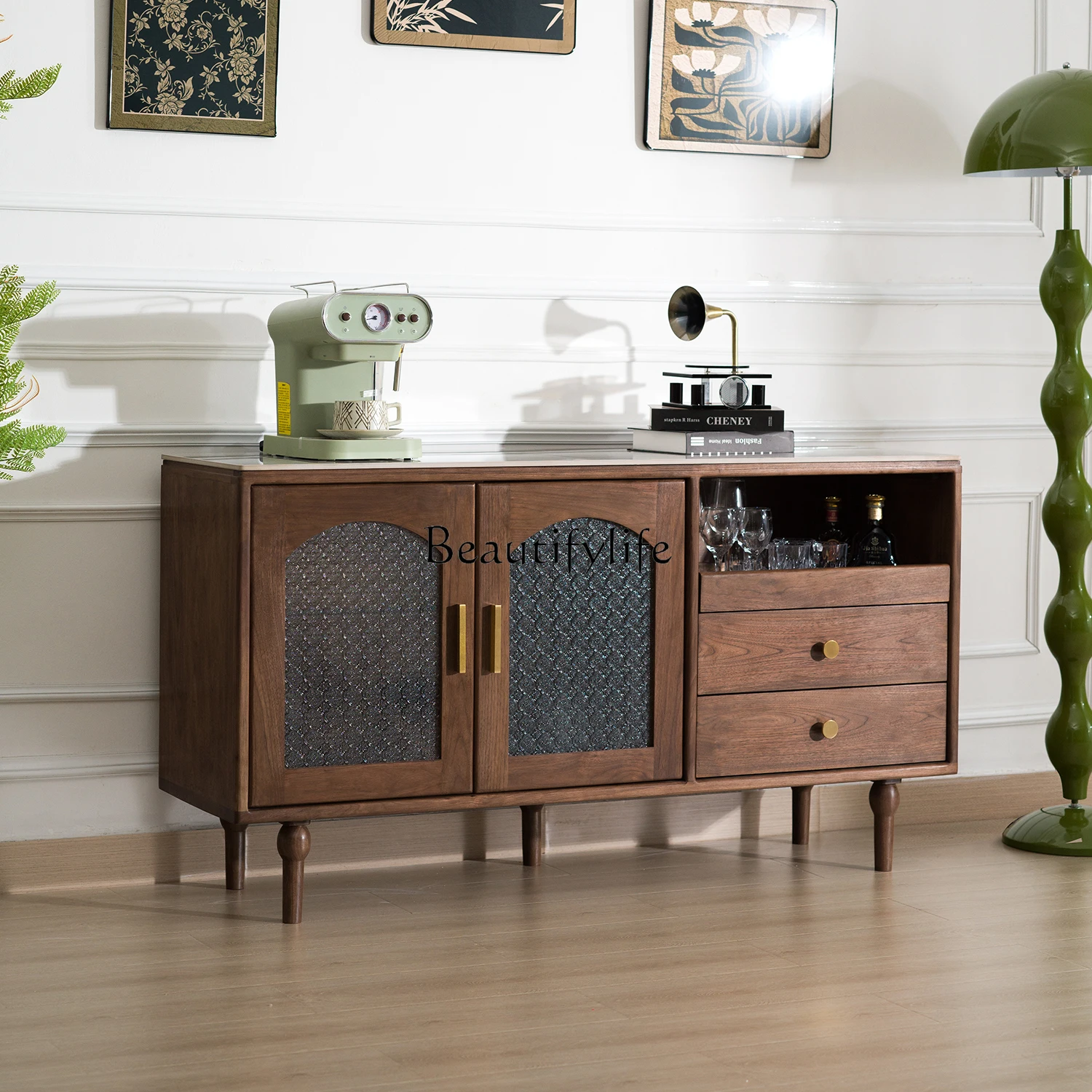 Retro North American black walnut dining side cabinet solid wood medium ancient style modern simple rock slab locker