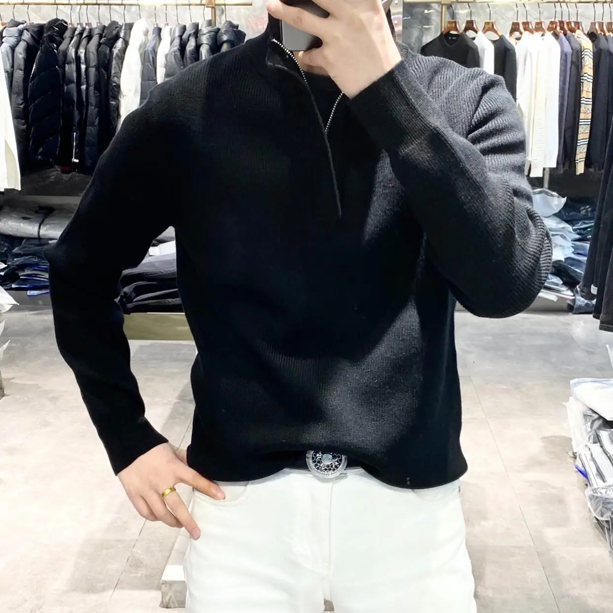 Autumn zipper semi-high collar solid color long sleeve cashmere sweater men's slim pure cashmere knit bottoming shirt