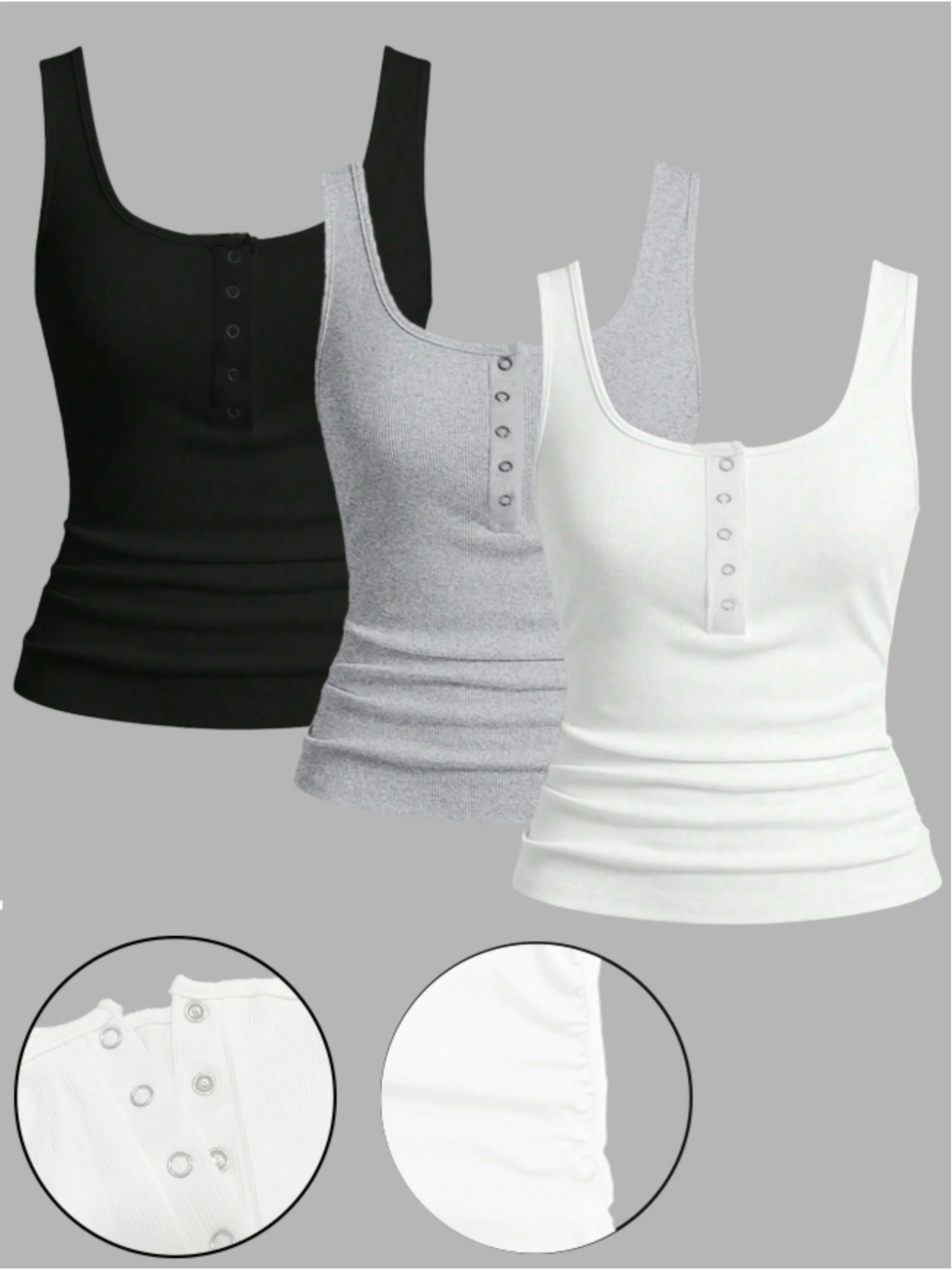 

Комплект из 3 топов больших размеров с пуговицами спереди, рюшами на талии и ребристой отделкой