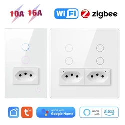 Tuya Smart Brazil WiFi ZigBee Switch 16A Smart Socket 4X4 Glass Panel 4 Buttons Switch 1 2 gang Works With Alexa Google Home