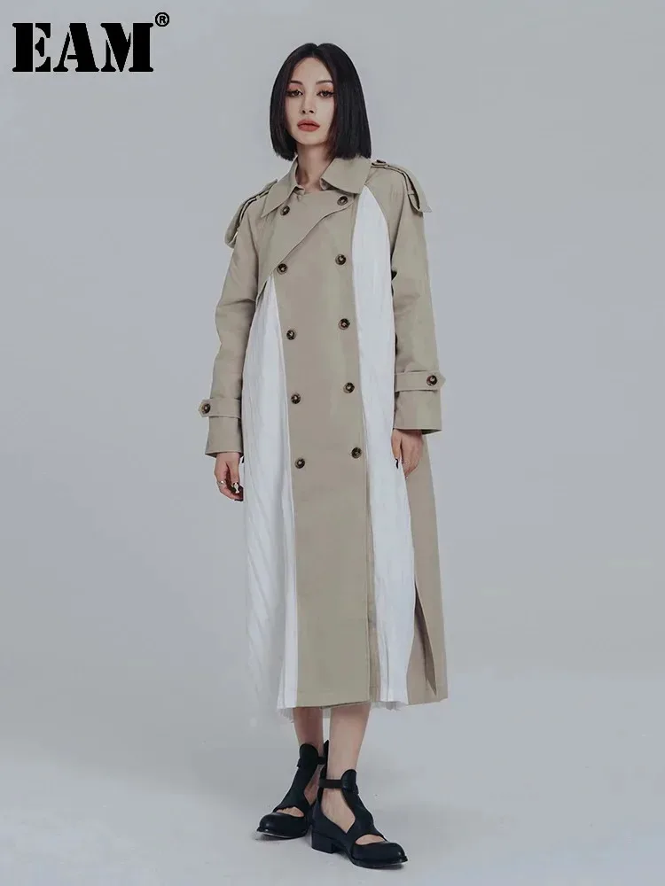 [EAM] Women Khaki Pleated Big Size Long Trench New Lapel Long Sleeve Loose Fit Windbreaker Fashion Spring Autumn 2025 1DF0722