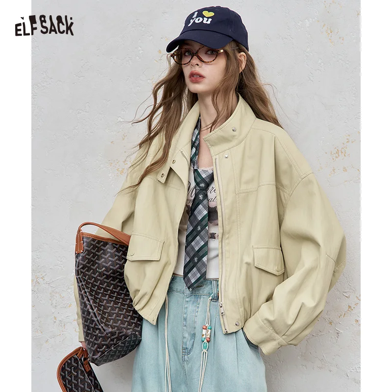 

ELFSACK 2025 Autumn New Arrival Streetwear Solid Loose Stand-Up Collar Jacket For Woman