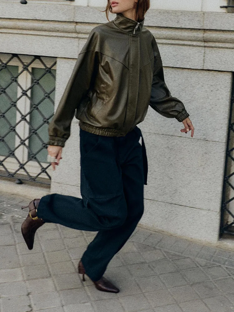 

Sweet Sle Long Sve Stand Collar Faux Leather Jaet New Winter Women's Outerwear Zipper Closure Ladies Faion Coat