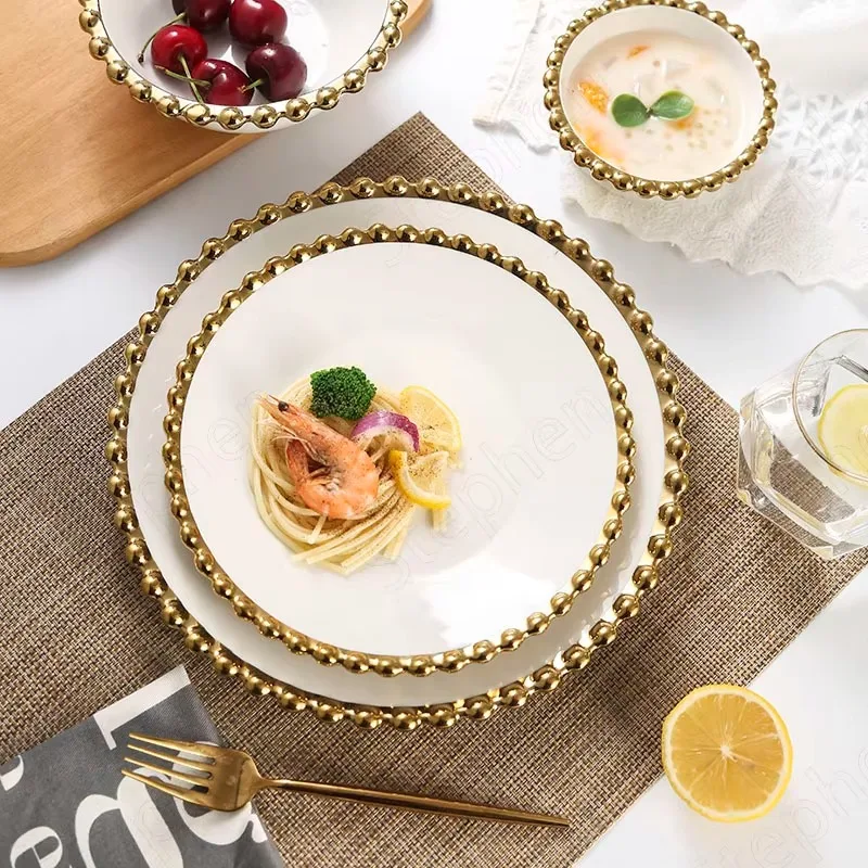 Golden Beads Ceramic Dinner Plates Nordic Modern Ceramic Plate Breakfast Milk Bread Dishes Fruit Salad Oatmeal Bowl Tableware