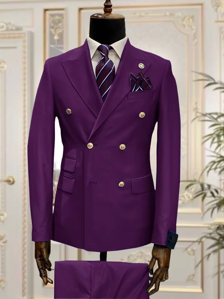 

High Quality Men's Suit Solid Color Formal Business Office Party Wedding Groom Tuxedo Double Breasted 2 Pieces Jacket Pants