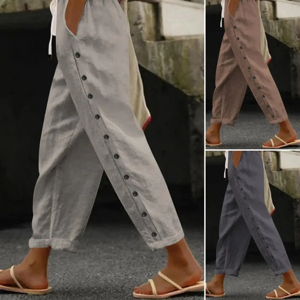 Buttoned Panel Trousers Stylish Women's Casual Pants with Wide Leg Adjustable Drawstring Solid Color Long Pants with for A