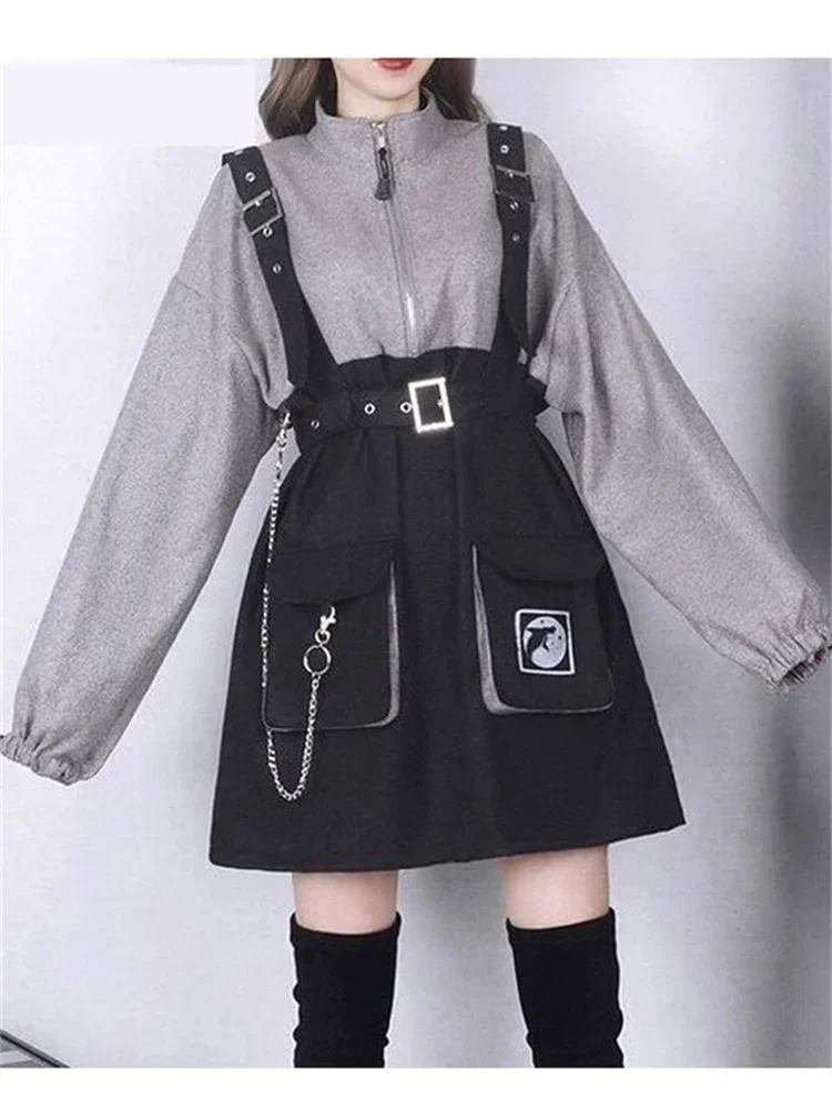 2025 New Retro Woman's Dress Gothic Girls Y2K Vintage Strap Belt Chain Loose Sweatshirt Dresses Sets Lolita Korean Robe Femme