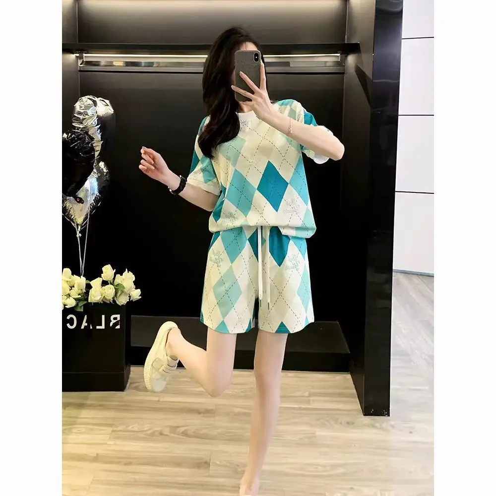 

Casual Short Sets Summer Korean Loose Fashion Short Sleeve Shorts Sporty Chic Two-piece Suit Women Clothing Geometric Plaid Tops