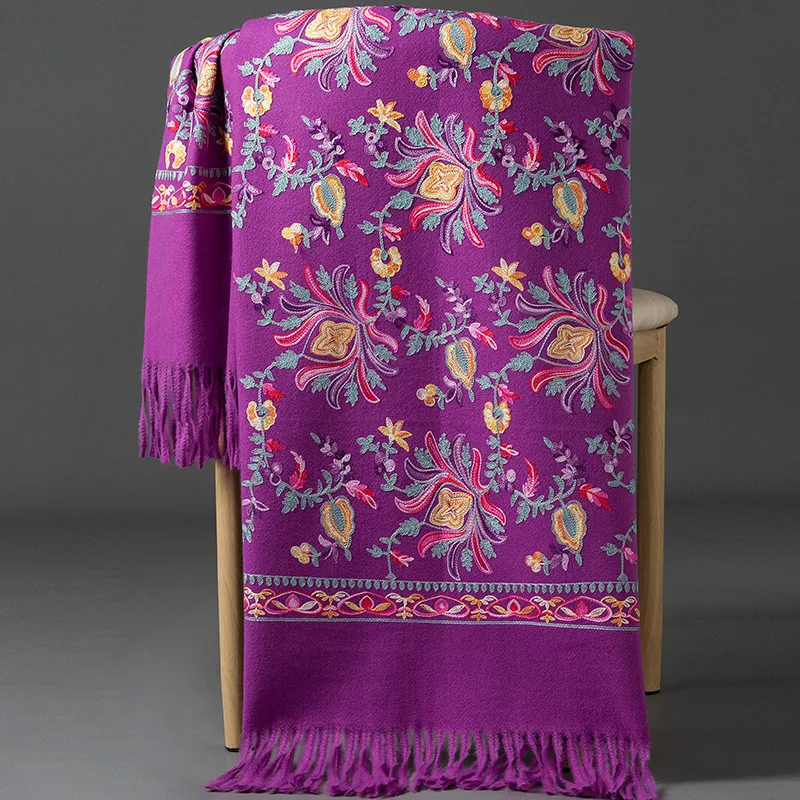 Purple Embroider Flower Shawl Wraps Cashmere Blend Mujer Bufanda Scarf Echarpes Embroider Flower Poncho Cape Thick Warm Scarf