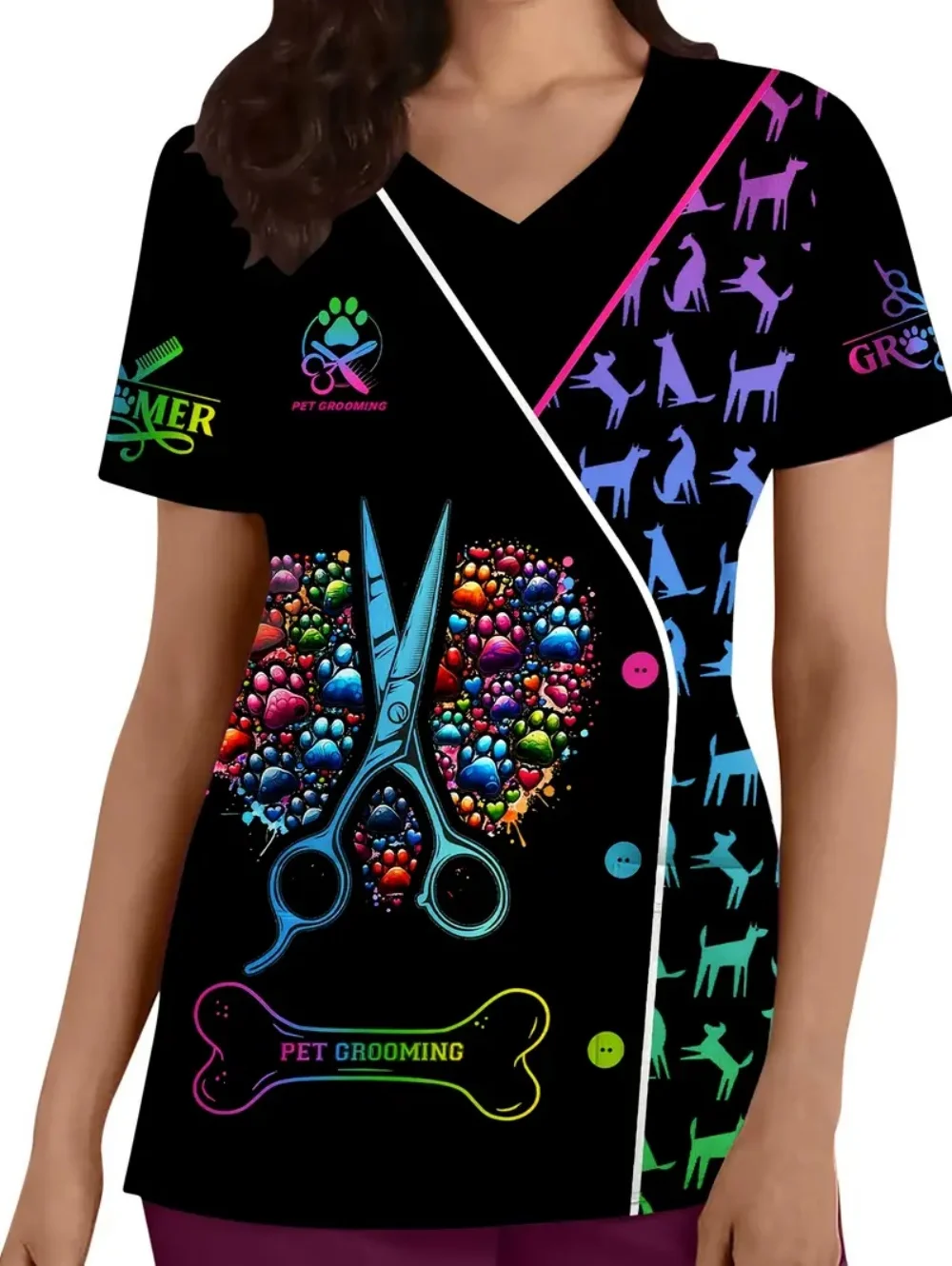 手術服女性獣医犬パターンプリントナーストップスファッションポケット付き V ネック服医療スクラブ女性 Tシャツ
