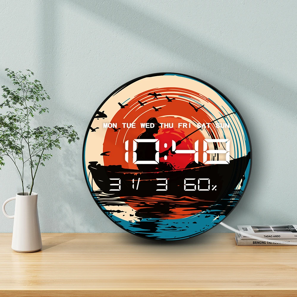 جبل بحيرة الصيد على قارب ثنائي الغرض LED ساعة رقمية جدار مكتب استخدام صياد متعدد الوظائف ساعة حائط إلكترونية حديثة