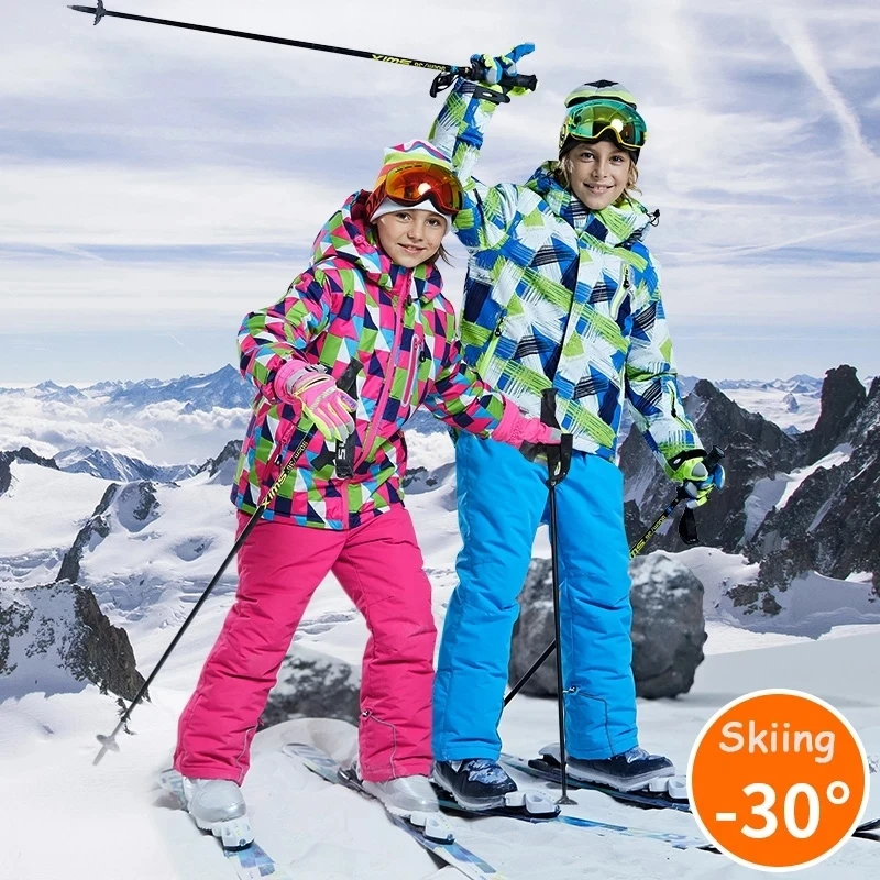 

-30 degree Kids Ski Suit Boy Girls Winter Outdoor Sports Waterproof Skiing Snowboarding Jackets Snow Pants Children clothing Set