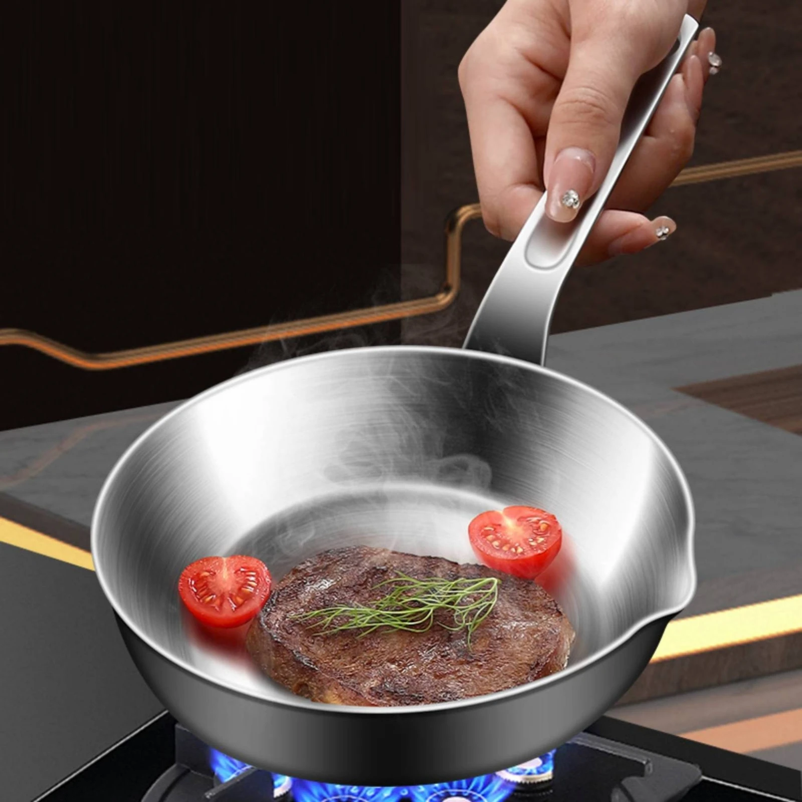 Mini Frying Pan Uncoated Stainless Steel Frying Pan Single-Serving Skillet Deep Bowl-Shaped Cookware Induction Compatible