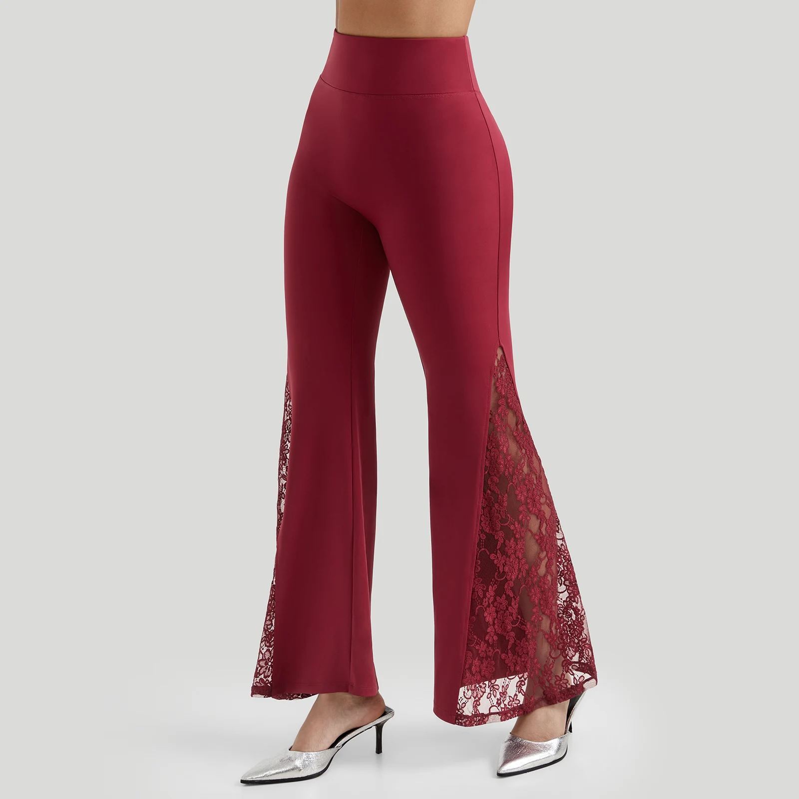 Women Punk Sexy See Through Lace Patchwork Flare Pants Streetwear High Waist Wid Leg Vintage Trousers Y2k Pants Female
