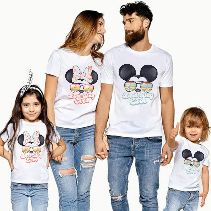 Best Day Ever Print Funny Family Matching T-shirt Minnie Mickey Mouse Shirt White Father Mother and Kids Disney Tees Tops