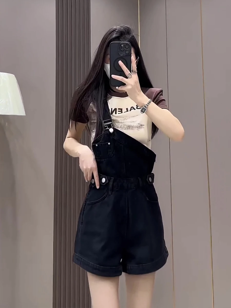 

Корейские универсальные джинсовые брюки High Street с одним плечевым ремнем, женские летние новые милые и Sal Faion, широкие брюки