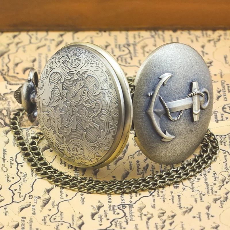 Antique Nautical Hook Anchor Steampunk Quartz Analog Vintage Pocket Watch with Chain Men's Gift Necklace Pocket Watch