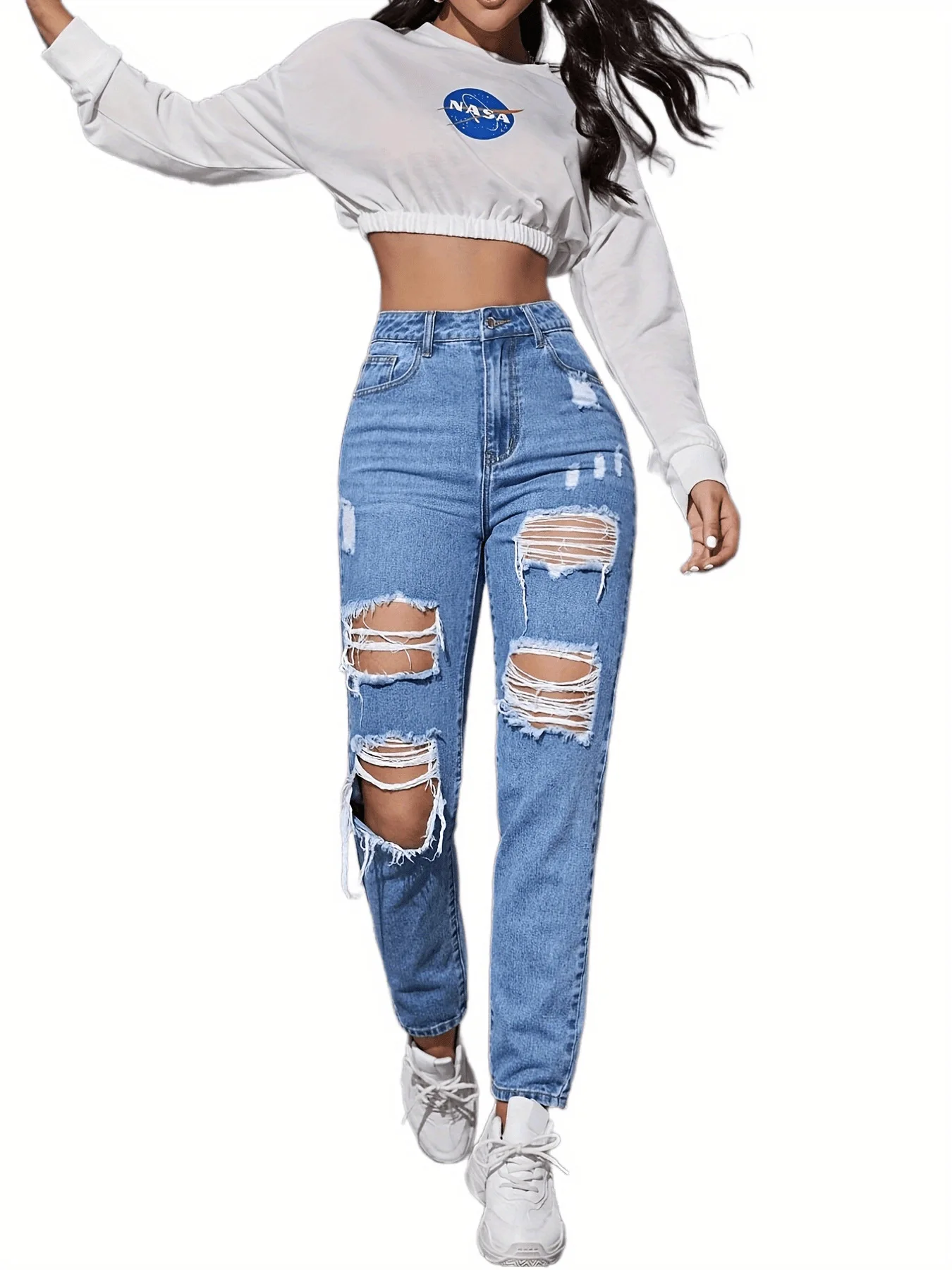 Padded Holey High-waisted Women's Denim Casual Mom Pants  Clothes Ripped Jeans for Women Blue Jeans