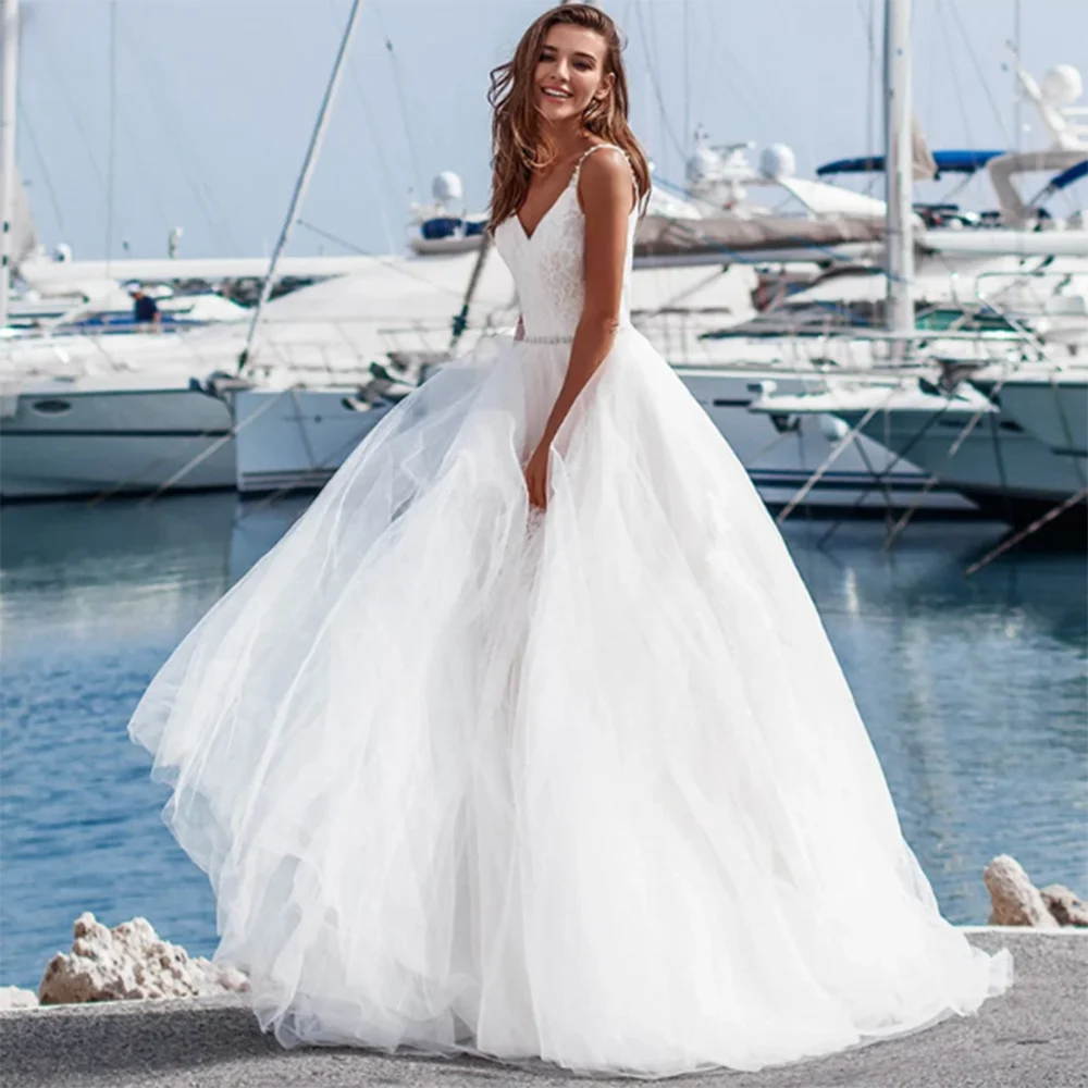 

Exquisite Luxury Romantic White Wedding Party Dress Floor Length Sweetheart A-line Spaghetti Strap Shiny Robes De Soirée