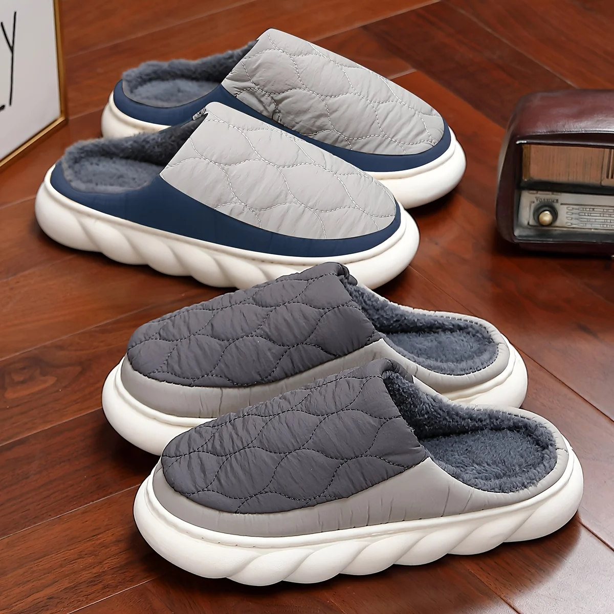 

Men's Winter Slippers, Plush Upper & Thick EVA Sole. Warm Comfort for Indoor/Outdoor. Sizes 46-49. Grey.
