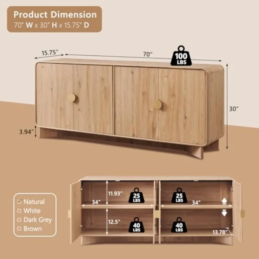 Modern Buffet Cabinet with Storage for Dining Room, Wood Finish, Natural Brown, Spacious Compartments and Sleek Design