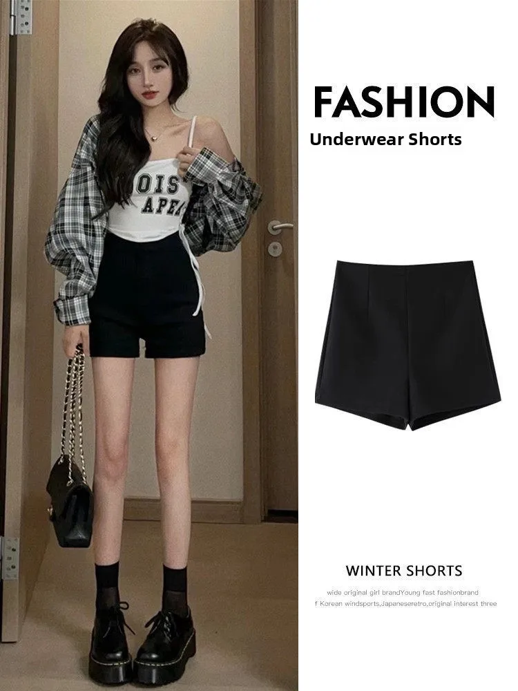 

Женские повседневные шорты с высокой талией, эластичные, облегающие, черные, базовые, для весны и осени, стильные, для повседневной носки, в корейском стиле
